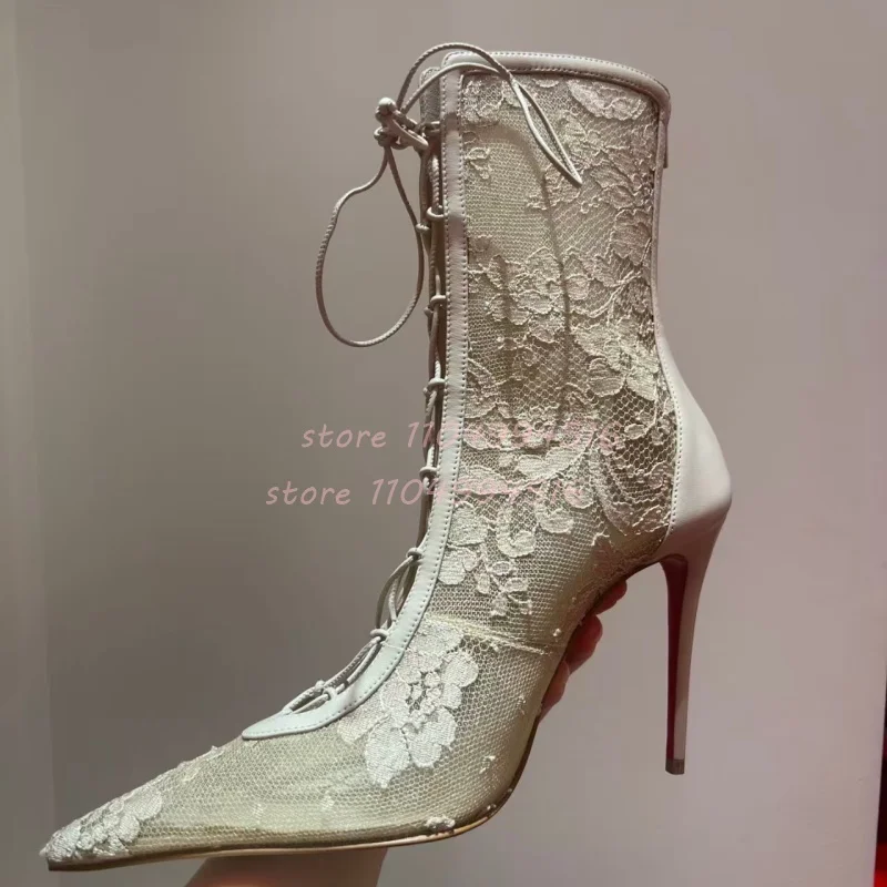 

Lace Mesh Lace Up Embroider Ankle Boots Women Hollow Pointed Stiletto Short Boots Fashion Back Zipper Party Wedding Lady Shoes
