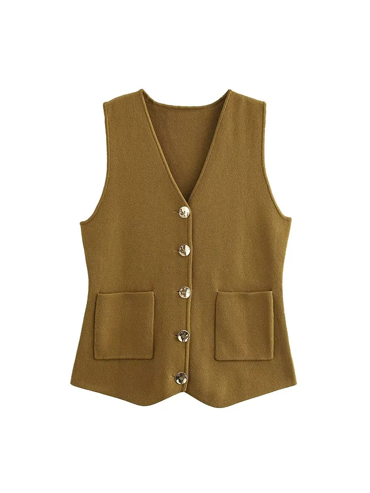 2024 autumn new fashion all-match women\'s clothing all-match gold button knitted V-neck sleeveless vest