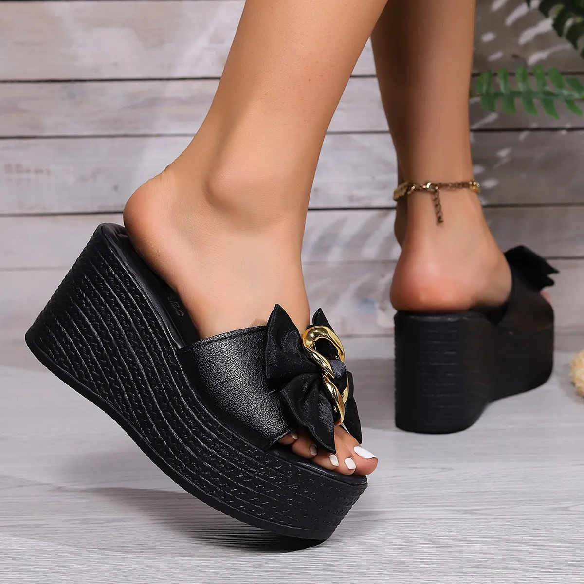 Aphixta Black Summer 9cm Wedge Heels Slippers Women Metal Bow Mulers Platform Sandals Clog Shoe Slides Plus Size 43