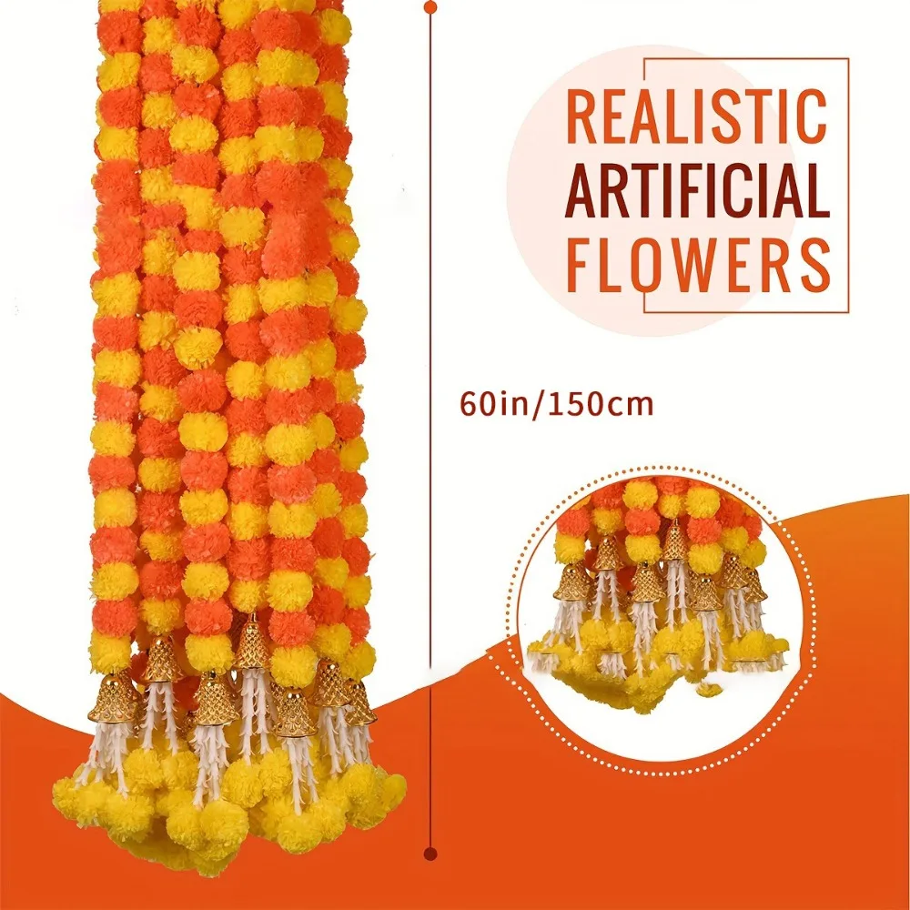 Long Strands Artificial Marigold Garland 1.5m Pooja Diwali Fiesta Fake Plant Indian Décor Pooja Wedding Marigold Flower Garlands
