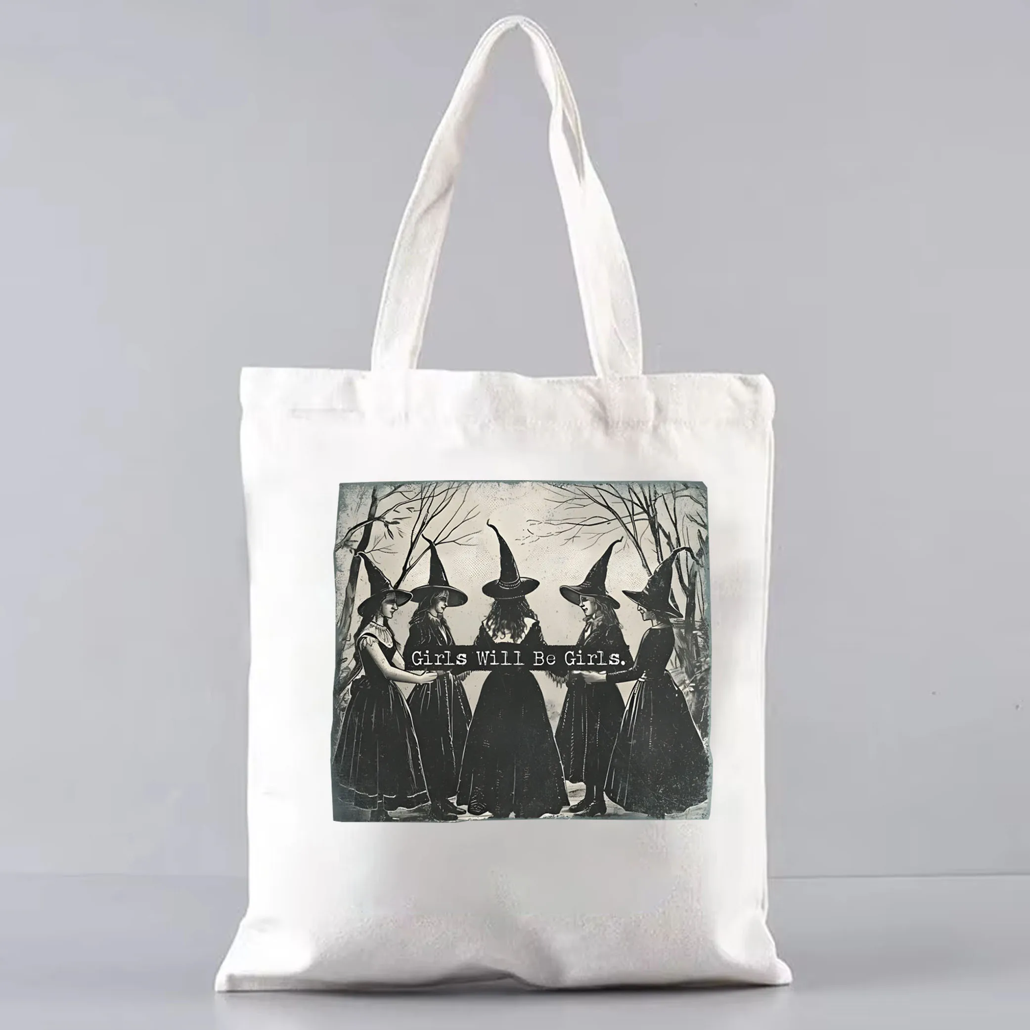 Vintage Girls Will Be Girls Witch Canvas Bag Funny Witch tote bag Halloween Women Casual Shoulder Bag Witchy Vibes Graphic