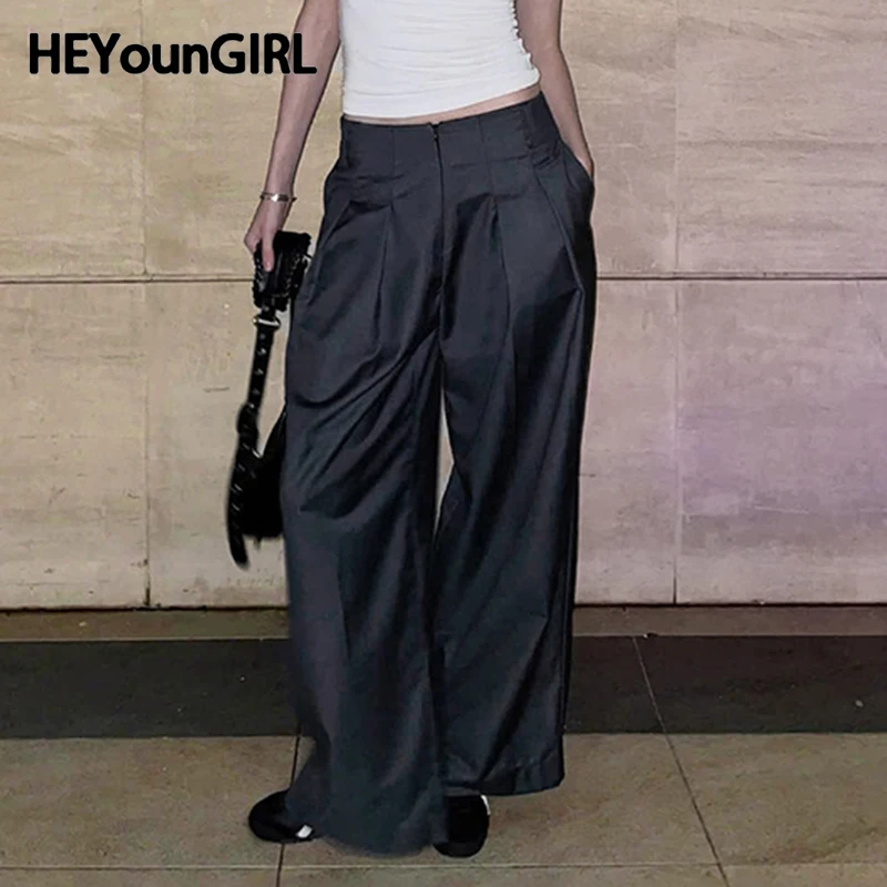 

HEYounGIRL Gray Casual Wide Leg Pants Women Invisible Zipper Folds Loose Suit Pants High Street Basic Fashion Baggy Trousers