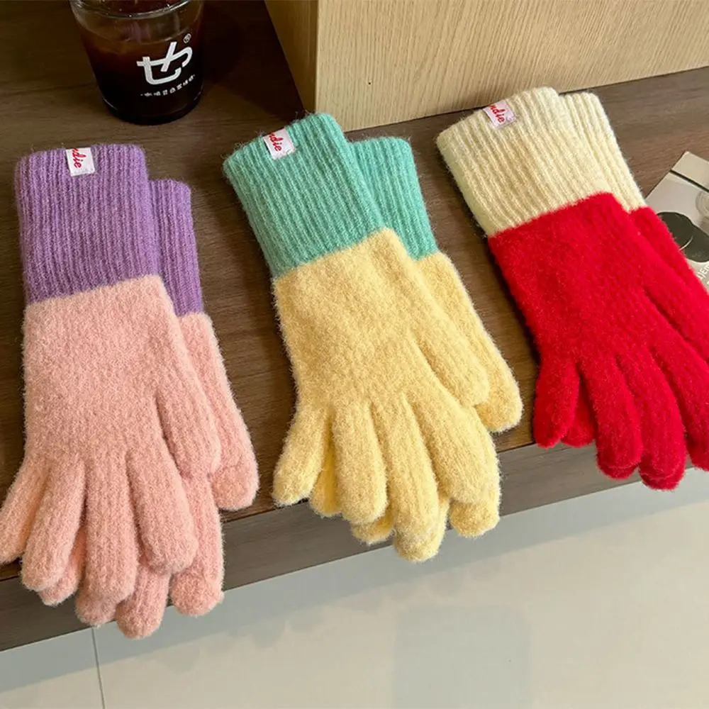 Colorful Warm Woolen Gloves Thick Touch Screen Riding Five Fingers Gloves Knitting Prevent Cold Electric Vehicle Warm Gloves