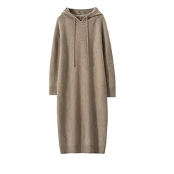 High-end New 100% Cashmere Sweater Long Dress Women Long Sleeve Knitted Dresses Female Solid Color Thick Fashion Hooded Pullover