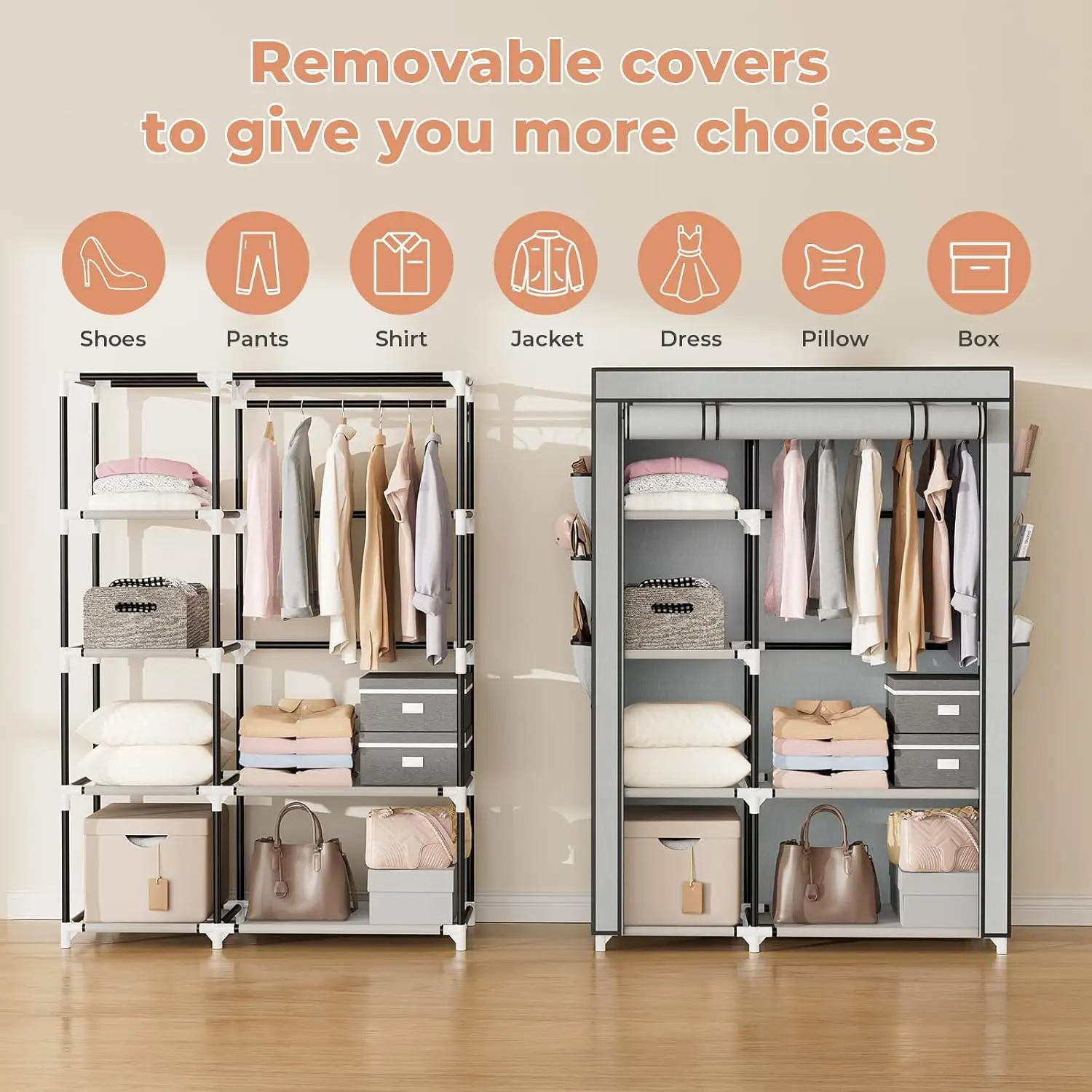 Wardrobe Closet, 41.7 Inch Wide Portable Closets for Hanging Clothes with 1 Hanging Rod, 6 Shelves, 6 Pockets, Clothes Rack w