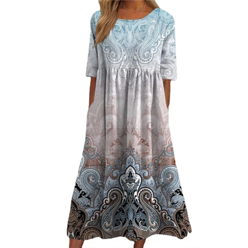 Summer Bohemian Dress Women Cotton Print Loose Casual Round Collar Half Sleeve Natural Scenery Pockets A Line Long Robe