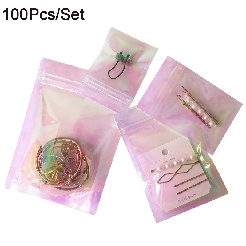 100Pcs Roze Stand Up Holografische Rits Verpakking Zak Platte Zakjes Kleine Laser Zip Lock Plastic Zakken Voor Cosmetische Sieraden