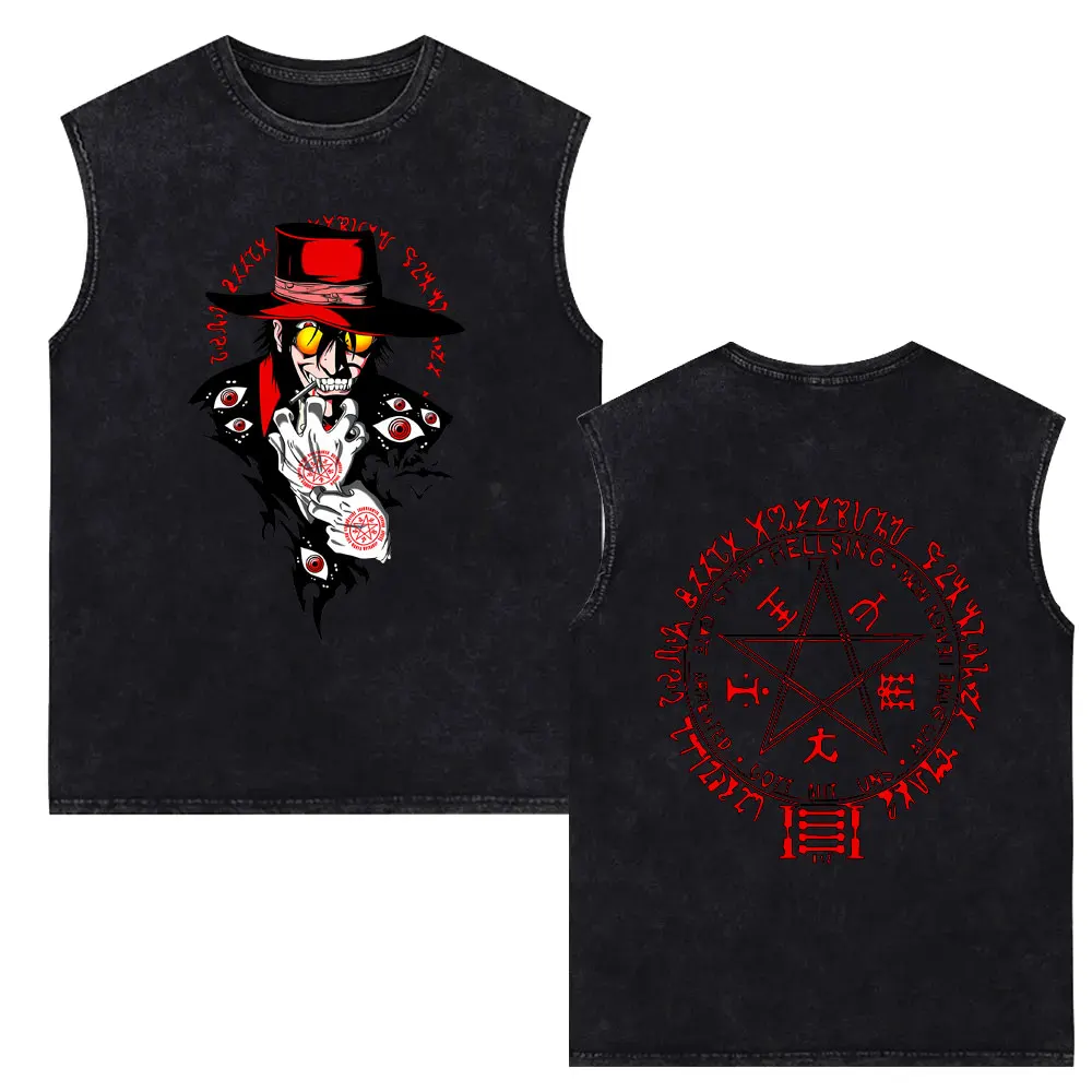 Anime Hellsing Vampire Alucard Washed Vintage Tank Tops Men Women Manga Gothic T-shirt Male Fashion Oversized Sleeveless Vest