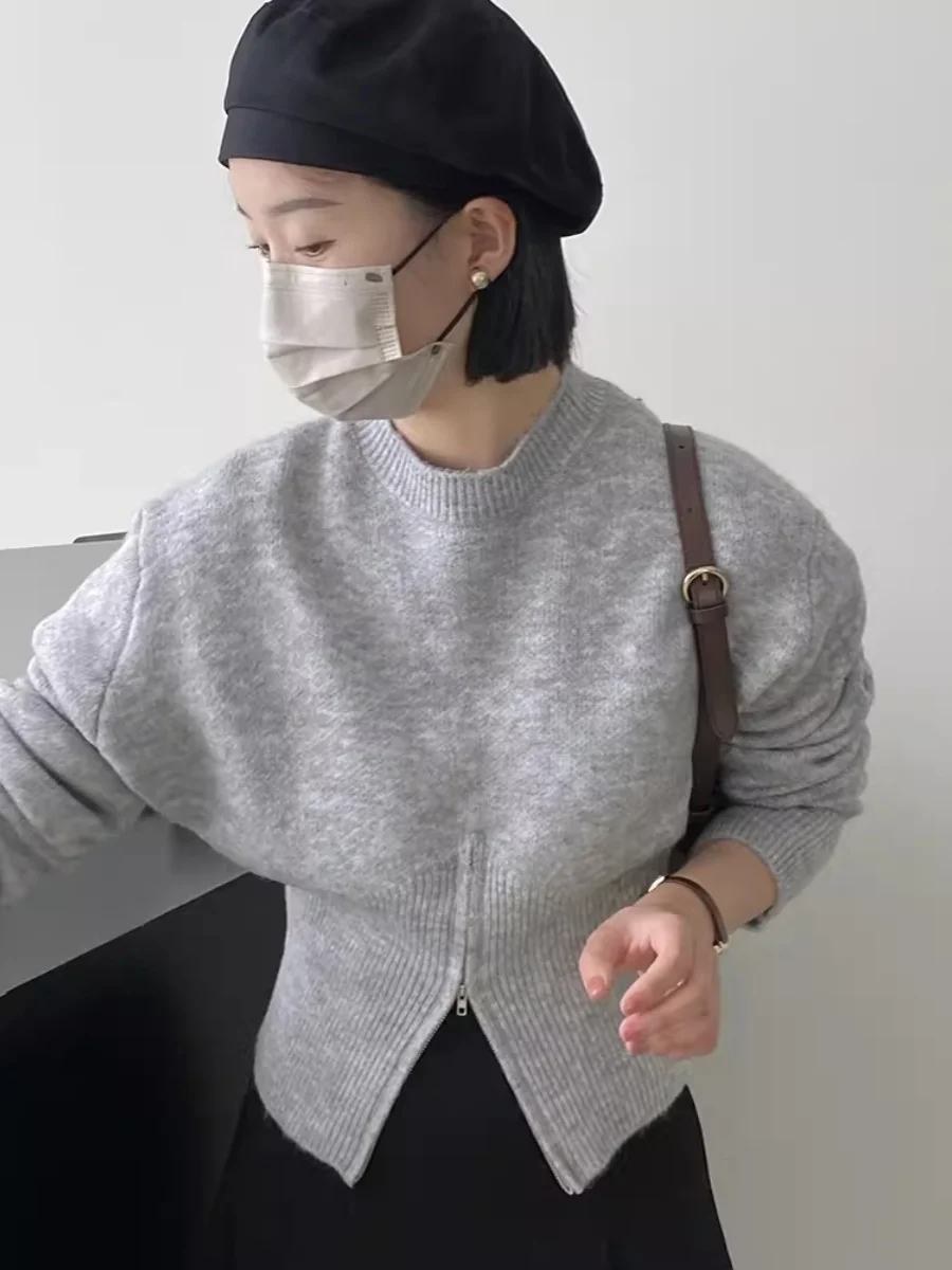 ハイエンドジッパーニットまたはラウンドネックセーター女性のルーズスリミングベースirtトップ2023年秋冬新作sle