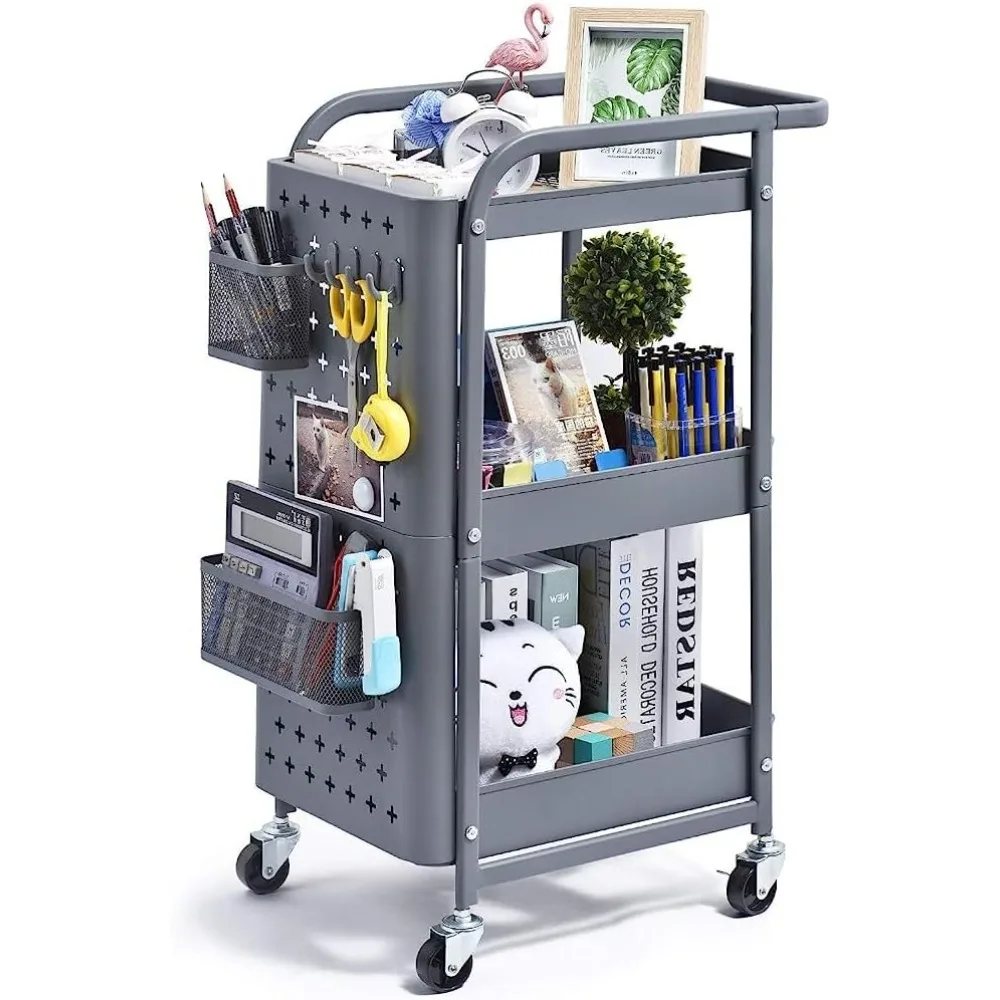 

3-Tier Rolling Cart, Metal Utility Cart with Pegboard,Storage Trolley Organizer Serving Cart with Handle and Extra Baskets Hooks