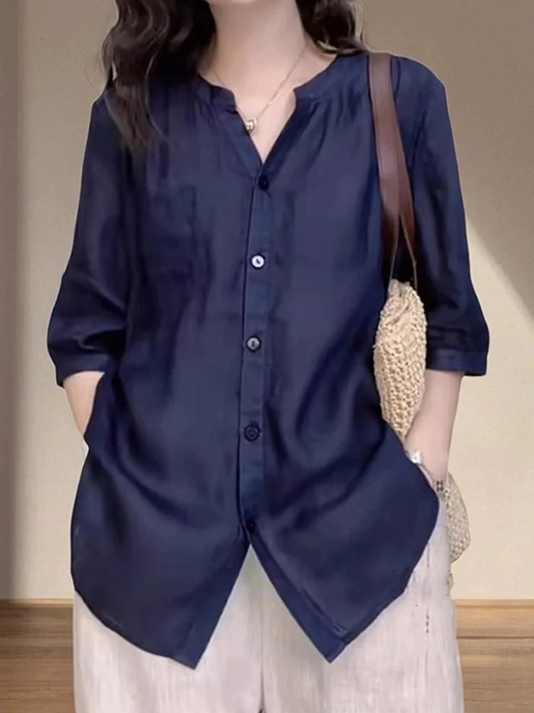Faionable Single-Button Loose Women's irt Commute Pure Color Summer 2025 Korean Sle Casual Loose Top Women's Faion