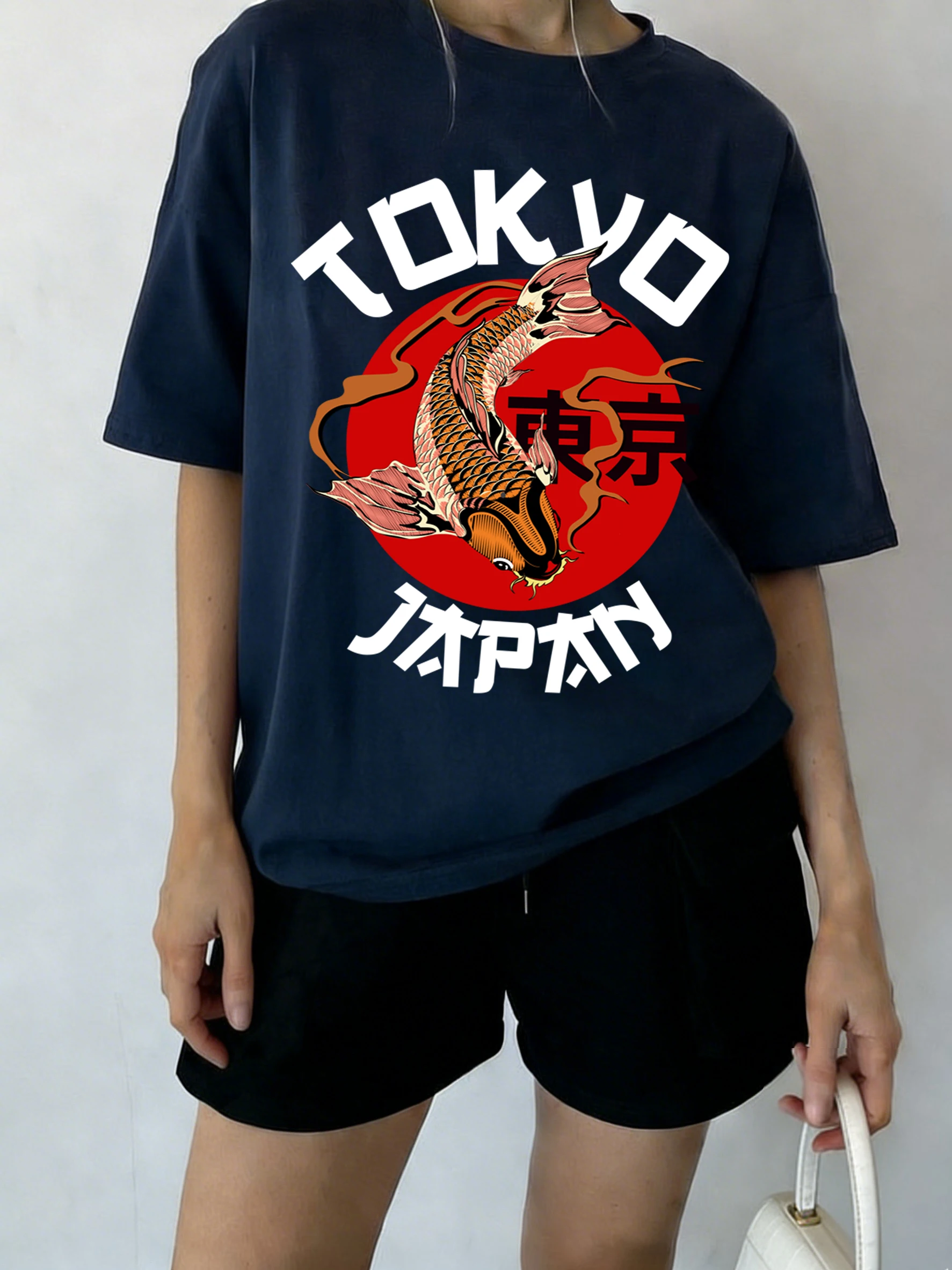 Harajuku Tokyo Japan Koi Fish Print Woman T-Shirt Casual Summer Fashion Short Sleeve Cotton Clothing Loose Unisex All-Match Top