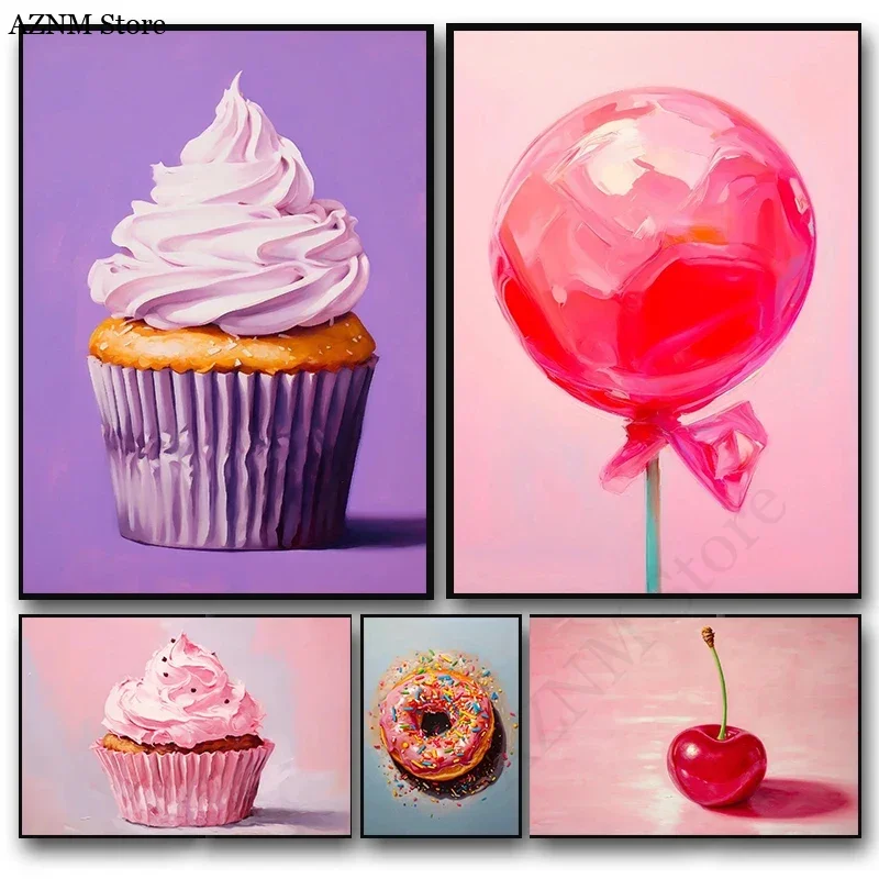 Macarons rosas modernos, Cupcake, piruleta, Donut, cereza, Donuts, lienzo impreso, arte Pop, cartel de comida colorido, decoración de cocina