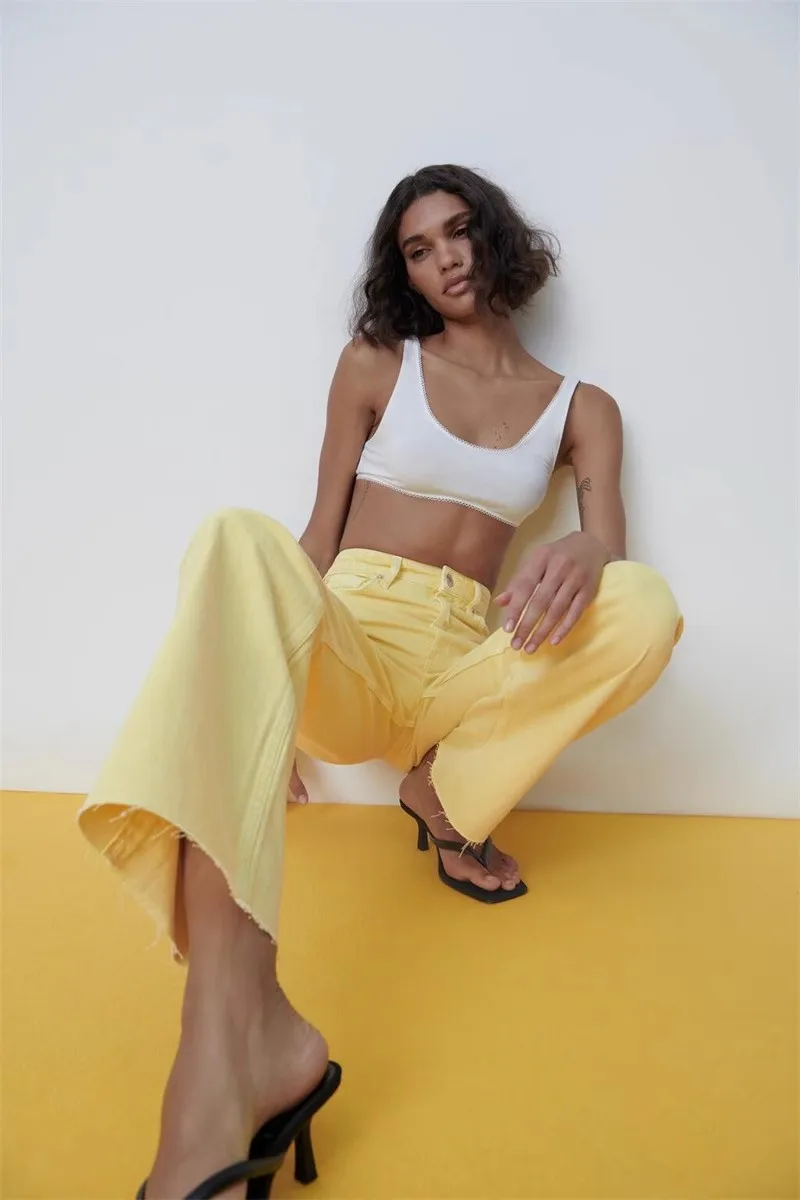 

Summer 2023 Women's Casual High Waist Straight Leg Bright Yellow Denim Jeans Long Pants Classic Blue Fabric High Waist Jeans