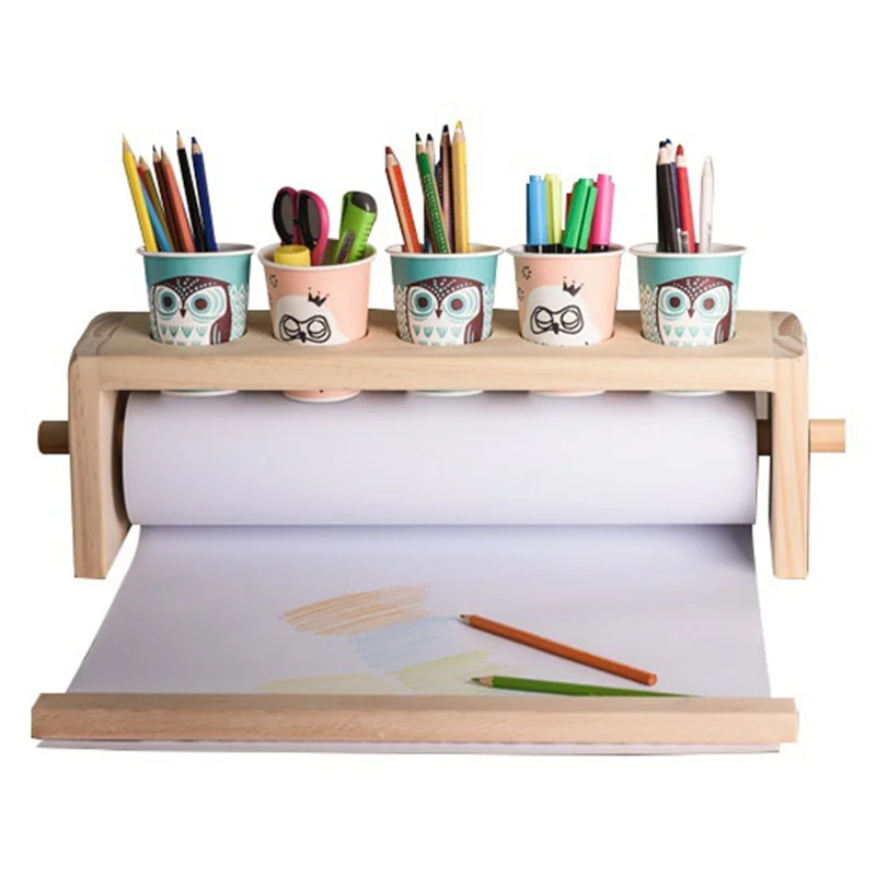 Tabletop Paper Roll Dispenser Children Wooden Easel for Drawing Doodling