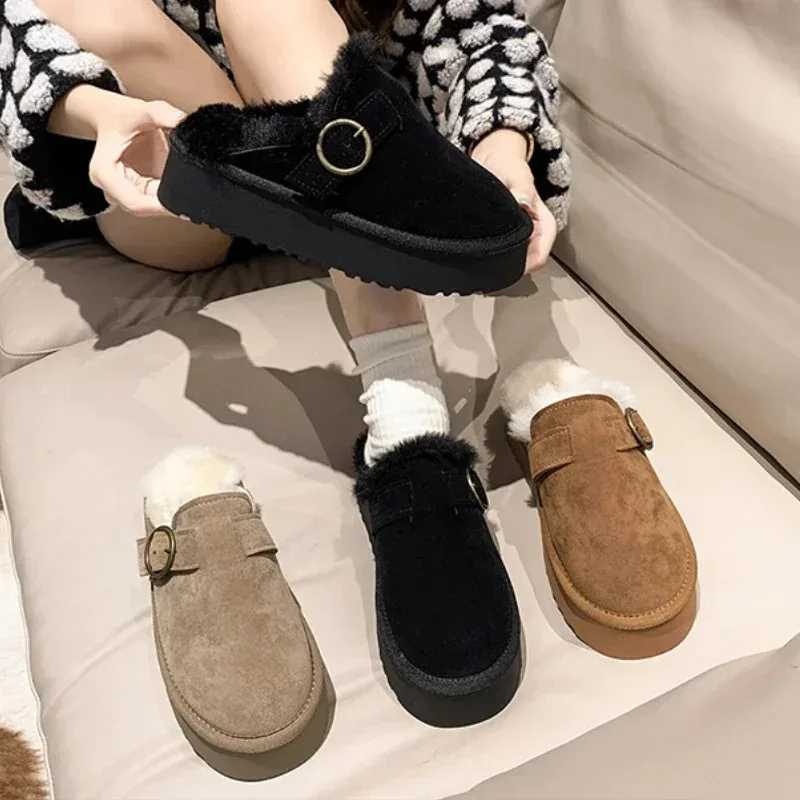 Shoes Female 2024 Hot Sale Closed Toe Women\'s Slippers Winter Warm Slippers Women Platform Round Toe Buckle Flat Ladies Shoes