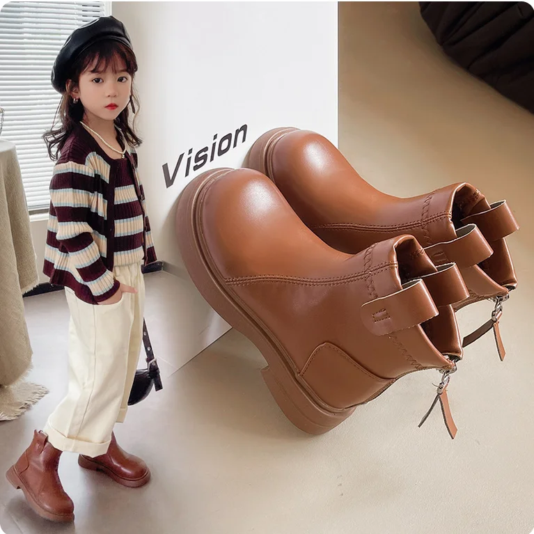 Girls Leather Boots Round-toe Children Chelsea Boots Non-slip Fashion Kids Black Brown Short Boots Simple Anti-Slippery 2025 New