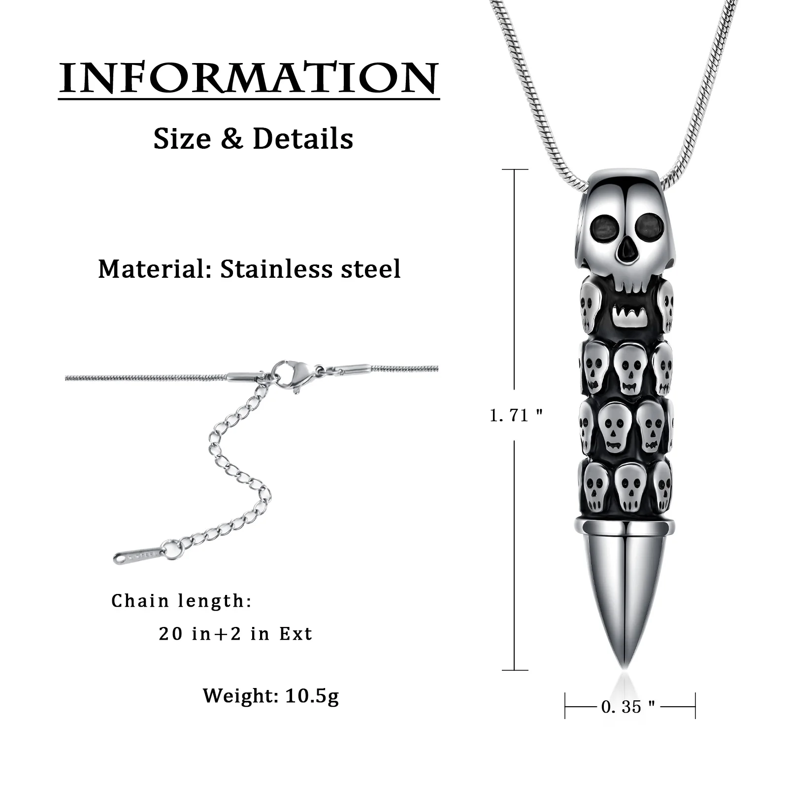 Skull Bullet Cremation Jewelry for Ashes Stainless Steel Pendant Urn Necklace Gothic Punk Keepsake Human Pet Memorial for Men