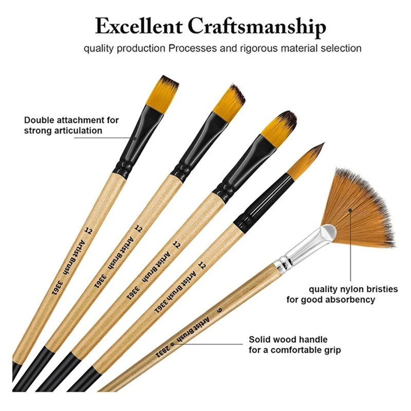 طقم فرش طلاء بشعيرات نايلون ، فلبرت مستدير ، مروحة مسطحة ، زاوية ، مناسبة للفنانين والمبتدئين ، أكريليك