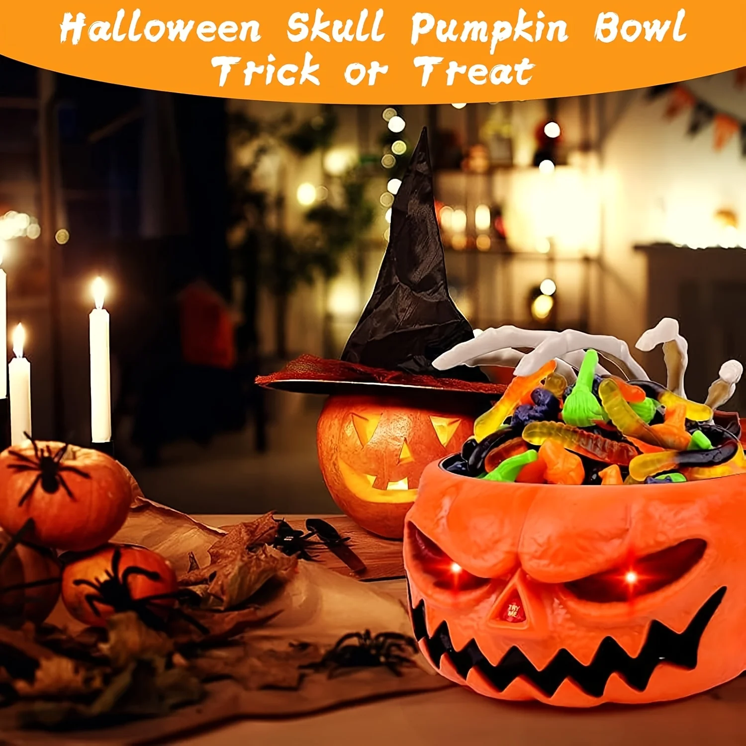 Halloween Candy Bowl Animated Pumpkin Candy Holder with Moving Skeleton Hand Creepy Sound & Red Eyes Indoors Party Decorations