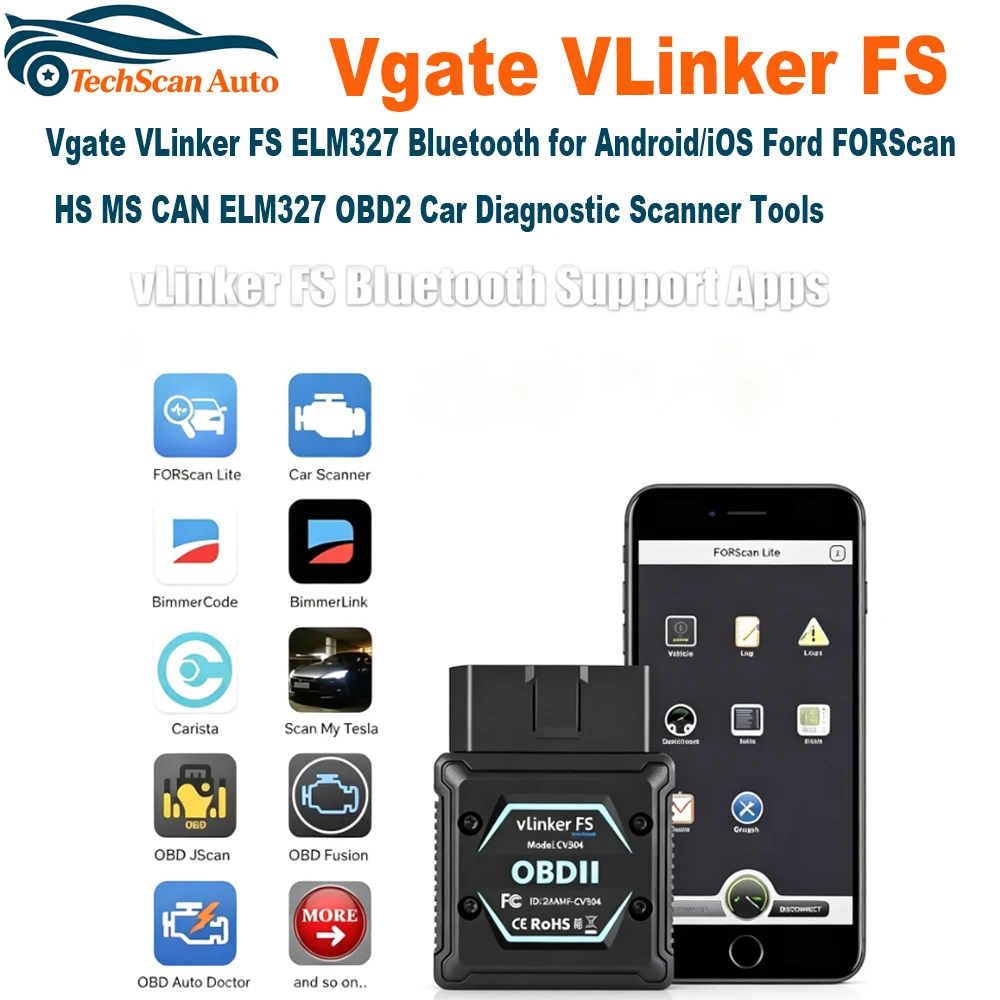 Vgate VLinker FS ELM327 Bluetooth for Android/iOS Ford FORScan HS MS CAN ELM327 OBD2 Car Diagnostic Scanner Tools
