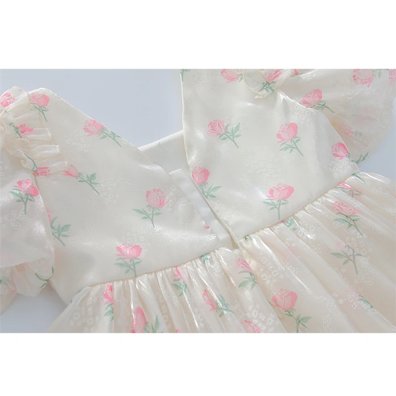 Summer New Girls Princess Dress Full Print Flowers Puff Sleeve Bow Mesh DresseTutu Birthday Party Gown For 2-8 Years Kids