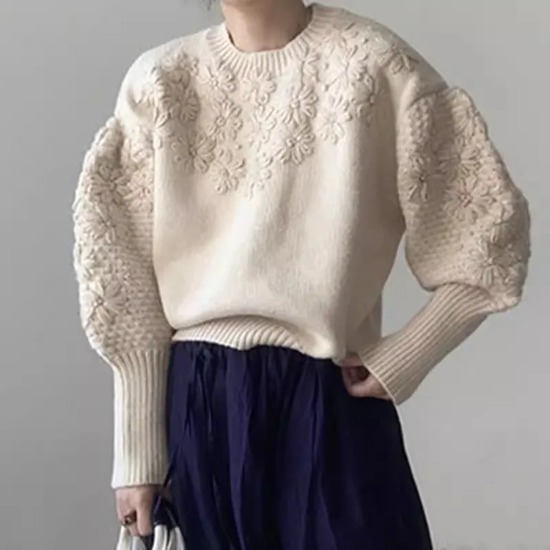 Spring Korean Vintage Short Knitted Pullover Tops Flowers Decoration Round Neck Lantern Sleeve Ladies Knitting Sweater Jumper