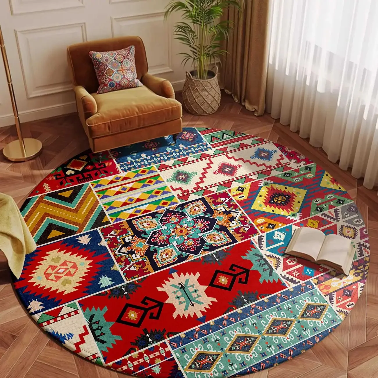سجادة مستديرة عرقية سجادة ملونة بتصميم هندسي مرقع بنمط قبلي سجادة أرضية ناعمة لتزيين غرفة المعيشة والمنزل