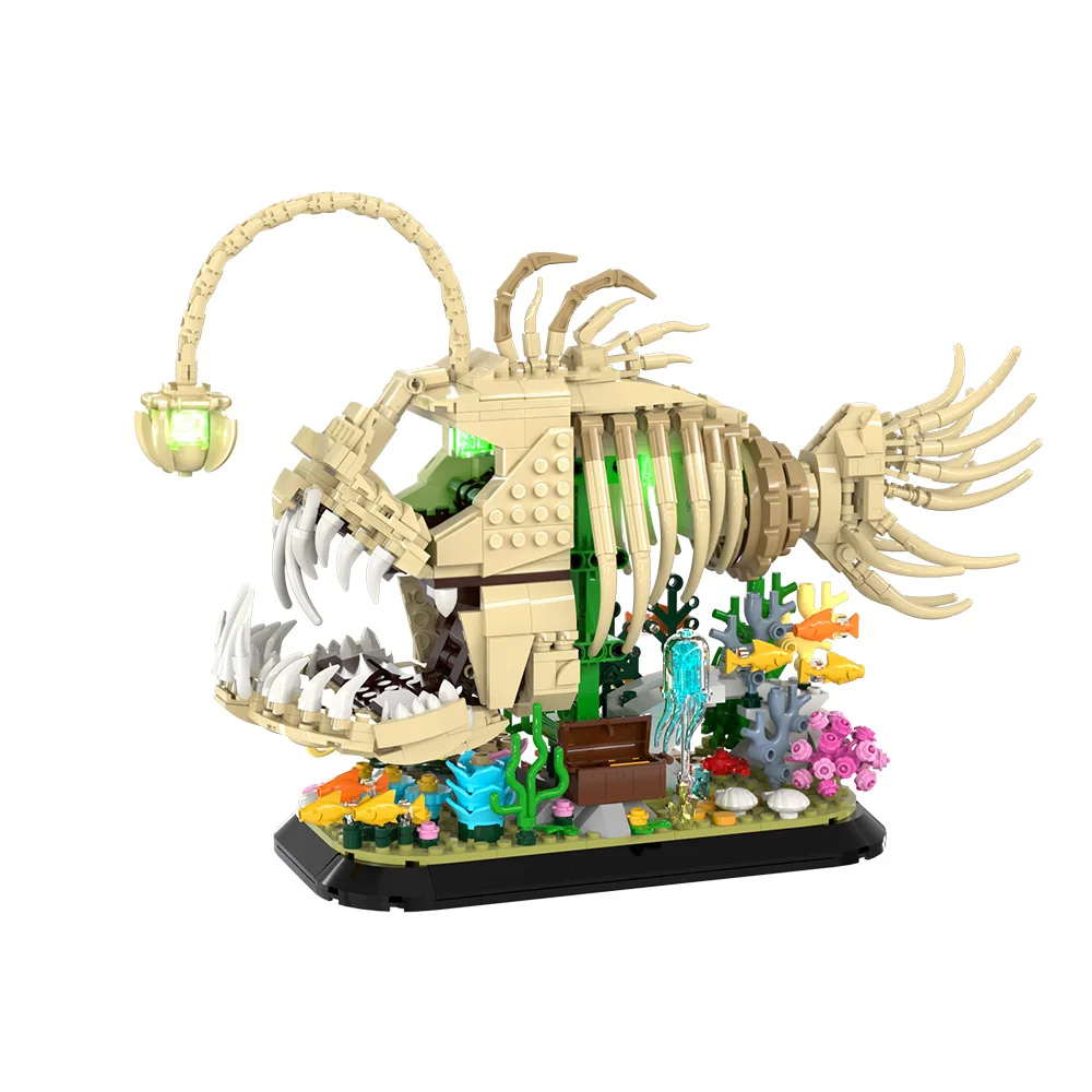 

Fossil Monkfish Building Blocks Deep Sea Anglerfish Skeleton Model Gigantic Jaws & Sharp Teeth with LED Animal Toy Adult Gift