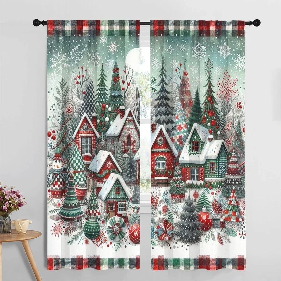 2PCS Plaid Christmas Village Curtains, Red Green Buffalo Check Snowy House, Rustic Holiday Window Drapes for Bedroom Living Room