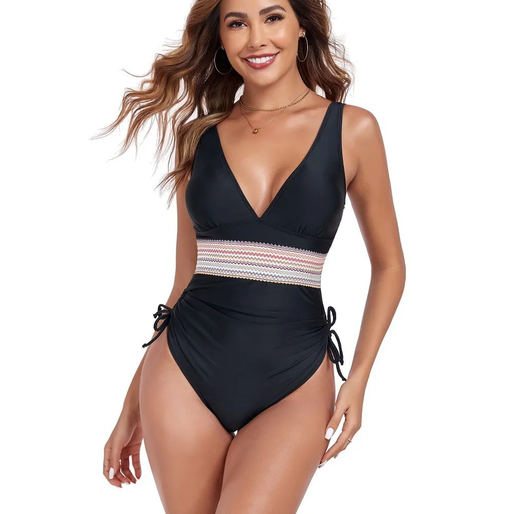 High Waist Swimwear Women One Piece Swimsuit Sexy V-Neck Push Up Bathing Suit Halter Drawstring Bandage Beachwear Monokini Black