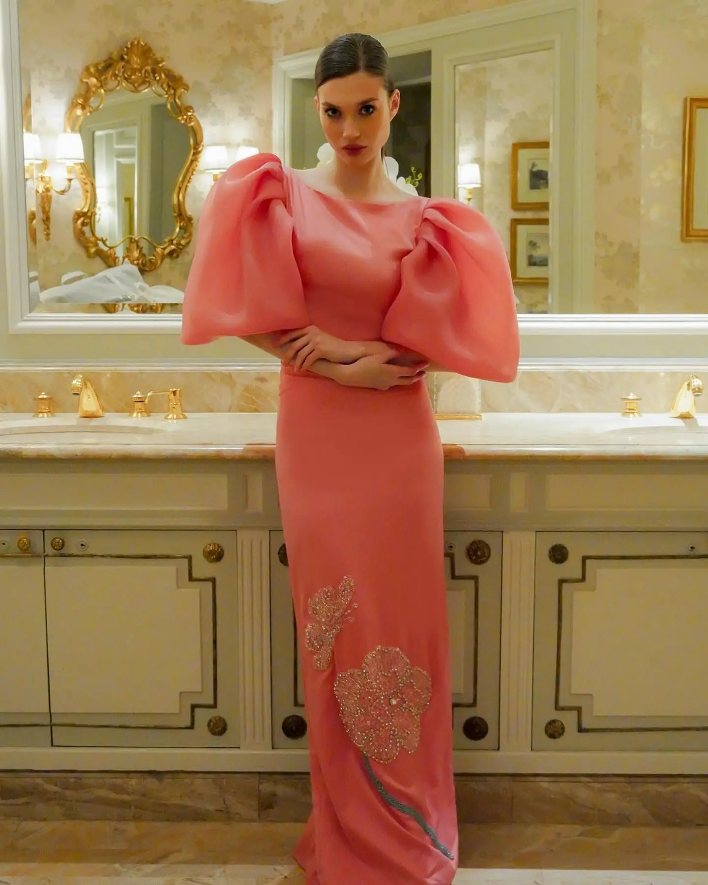 

Arya Pink Elegant Evening Dress Chiffon Floor Skirt Bead Embroidered Flat Shoulder Wedding Dance Party Customized