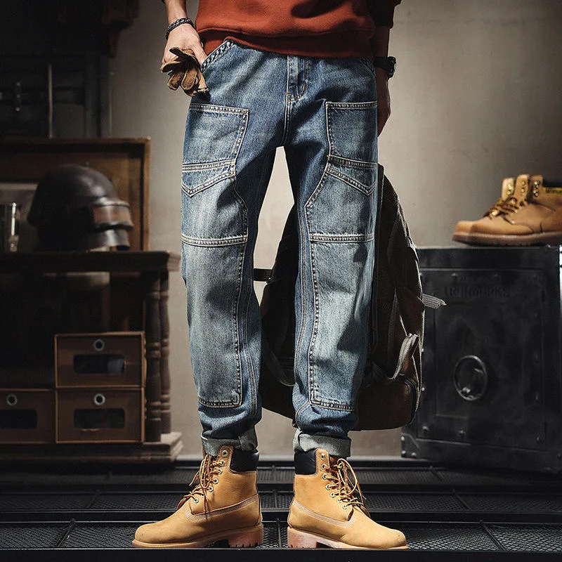 

Американские тяжелые мужские джинсы, прямые свободные осенние ретро-ностаческие лоскутные джинсы, модная рабочая одежда с несколькими карманами на талии