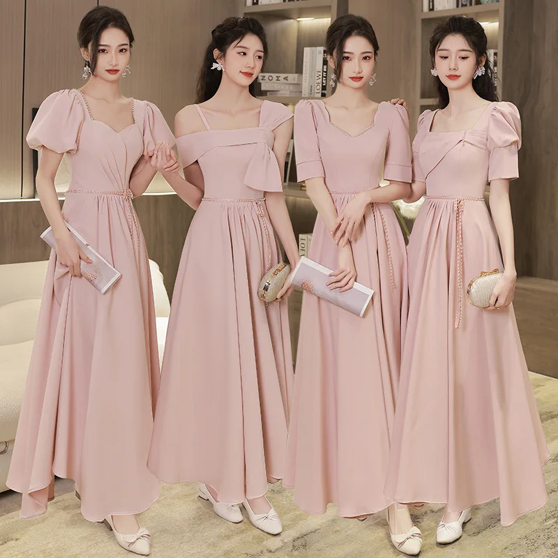 

Pink Satin Bridesmaid Dress 2023 New Slim Wedding Sisters Group Evening Dress 4 Style Sweetheart Neck A-Line Graduation Vestido