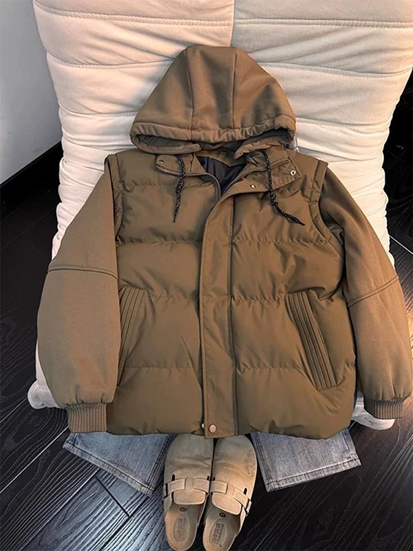 

Warm Cotton Jaet American Sle Splice Men's Winter Coat Detachable Hood Thiened Polyester Fiber Casual Outerwear