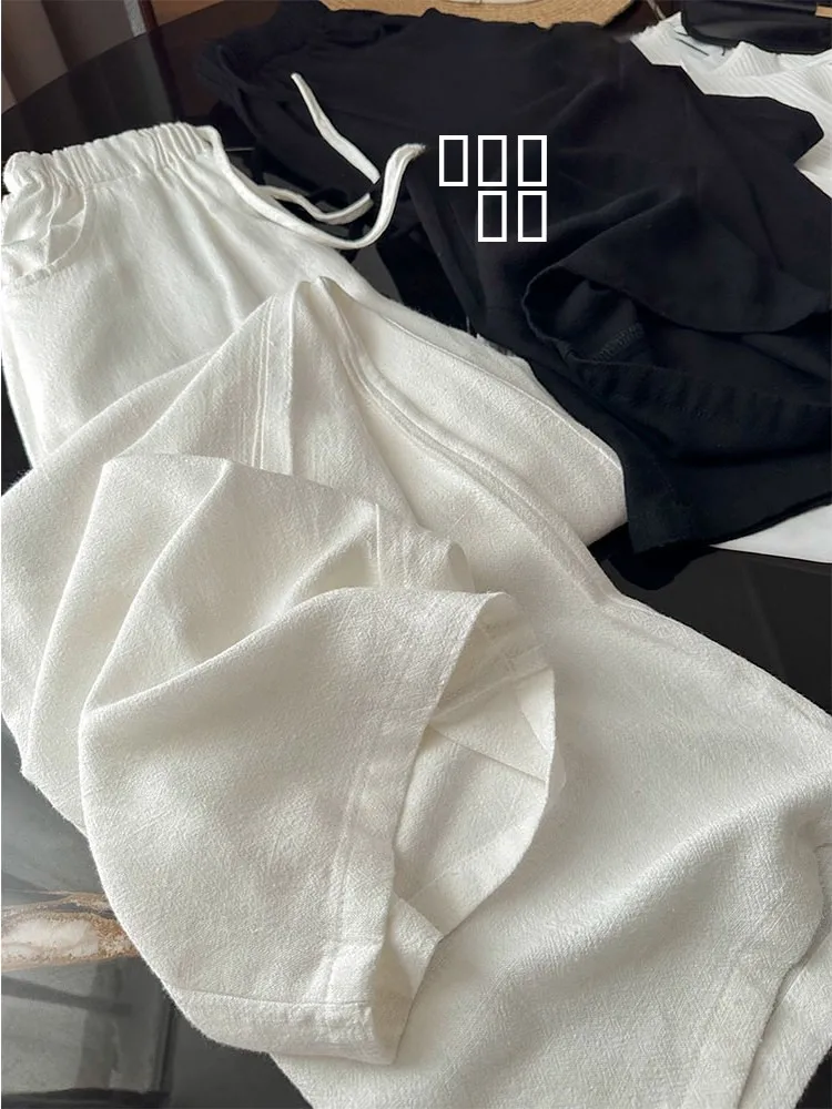 

Large Size Linen Cotton Straight Leg Wide Leg Summer Thin Pants Casual Loose Fit High Waist Long Trousers for Men