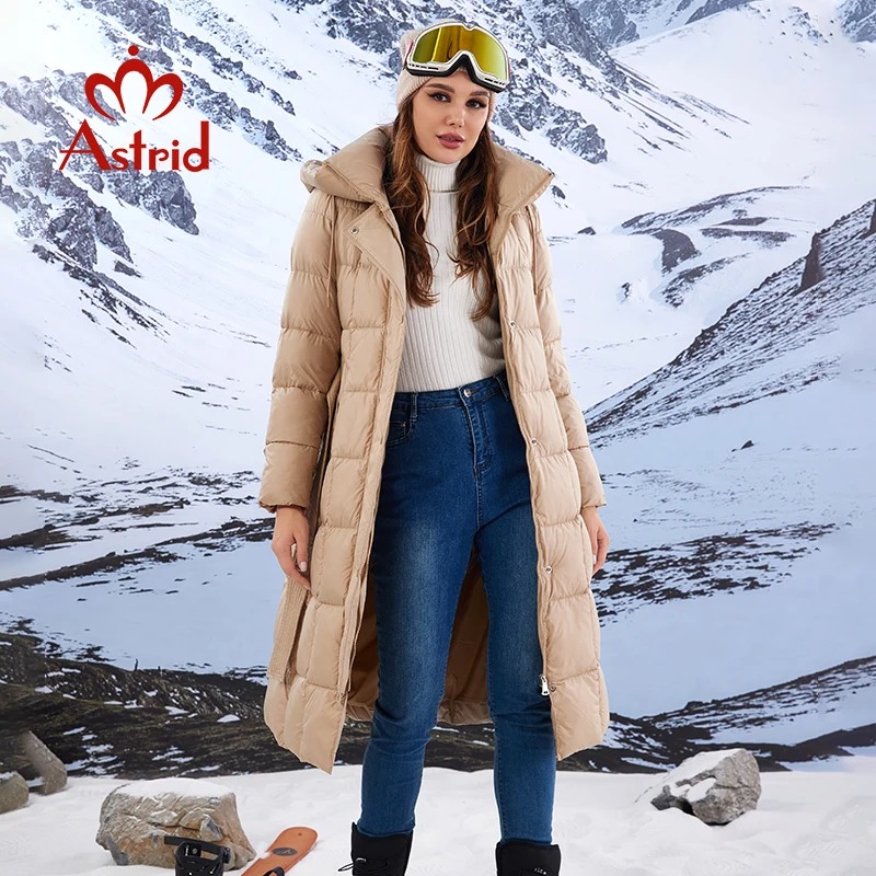 Astrid 2023 New Women\'s Winter Jacket Hooded Belt Long Parkas Warm Padding Puffer Plaid Quilted Coat Down Jacket Thick Snow Wear