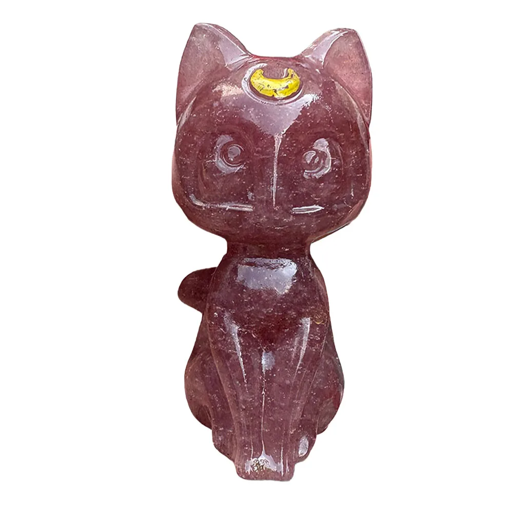 Custom Natural Strawberry Quartz Moon Cat Crystal Carving - 8cm Hand-Carved Gemstone Anime Character Statue