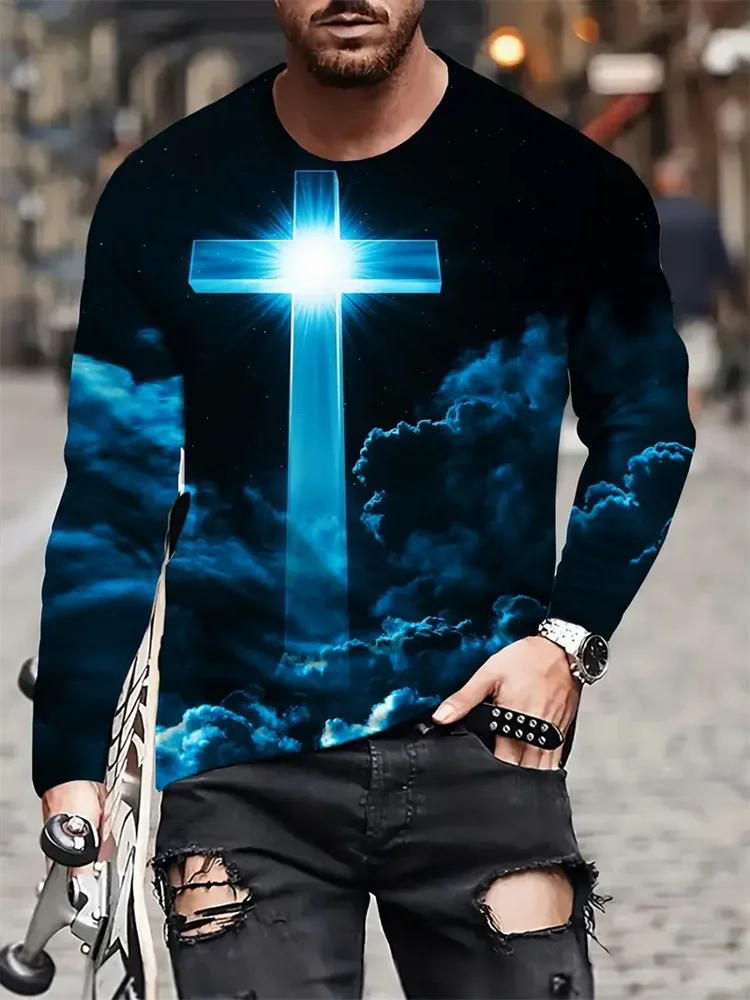 Cross And Clouds 3D Printed Autumn Fashion Crew-neck Men's T-shirt Outdoor Street Fashion Long-sleeved Everyday Casual Top