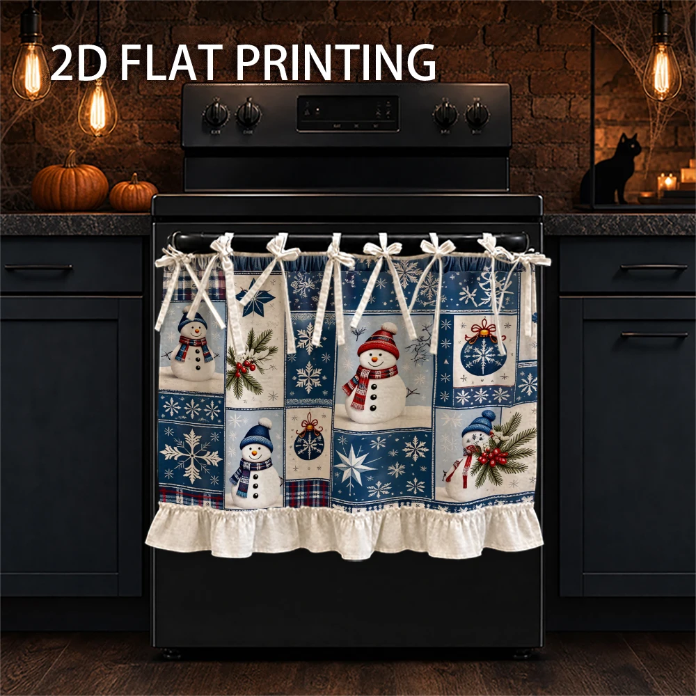 1PC Christmas Kitchen Curtain-Cabinet Curtain-Apron. Printed with snowmen, snowflakes and holiday decorations. Can be used as a
