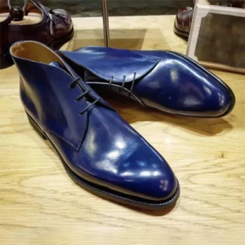 Stivaletti da uomo marrone nero blu stivali da moto stringati scarpe da uomo in pelle Pu fatte a mano da lavoro con