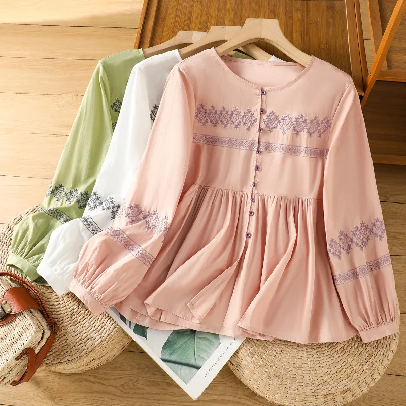 

Chinese Style Women's Clothing Blouses Vintage Embroidered Shirts Loose Summer Clothing Long Sleeved Cotton Linen Women Tops