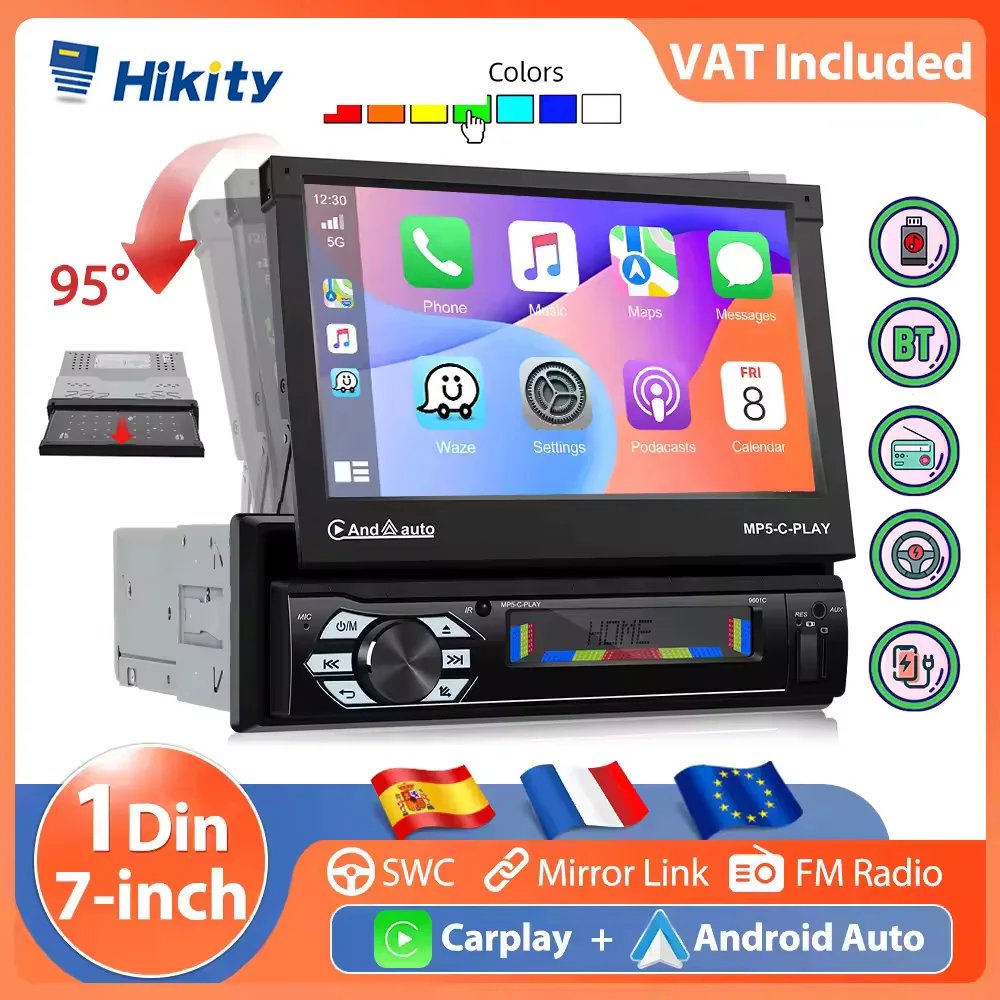 Autoradio Hikity 7'' 1Din con Carplay, Schermo Retrattile Automatico, Android Auto, Mirror Link, Bluetooth, FM, AUX