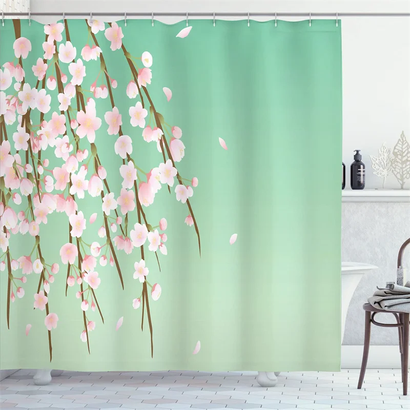 Pink Floral Shower Curtain Liner Blooming Cherry Blossom Branches Green Shower Curtain Waterproof Flower Bath Curtain with Hooks