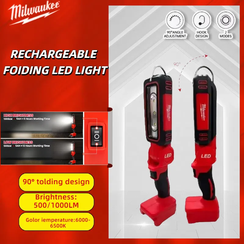 Milwaukee-luz LED de trabajo recargable para acampada, linterna superbrillante con gancho, modos de iluminación aptos para trabajo nocturno, inspección de automóviles