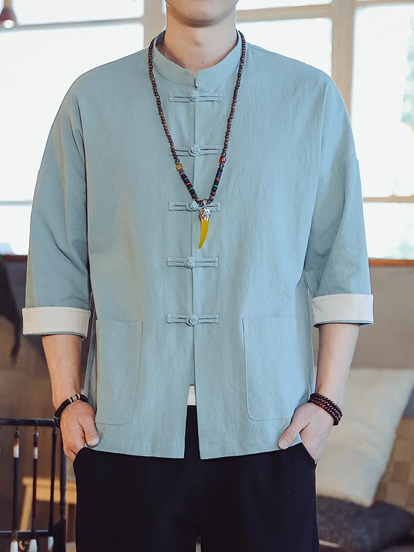 

Мужской весенне-летний ort Sve irt с воротником-стойкой и нашивкой на пуговицах, хлопковый дышащий повседневный китайский топ