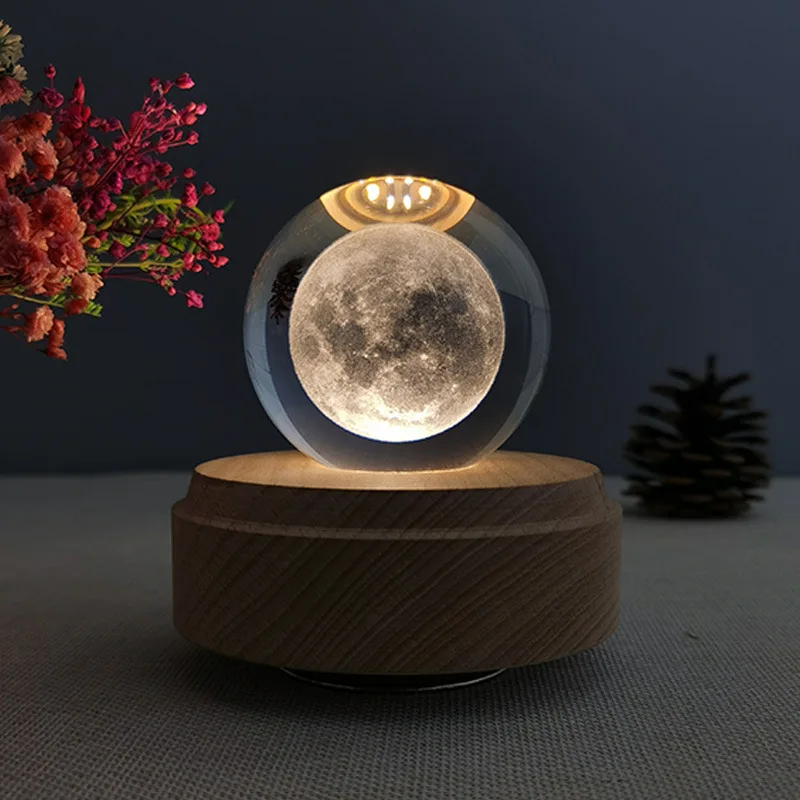 

3D Crystal Ball Music Box Projection Light Up Crystal Ball Rotatable Wooden Base Night Light Decoration Birthday Gift Christmas