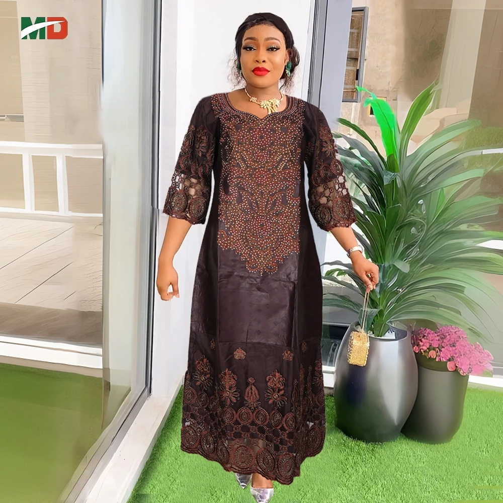 

MD Traditional African Lace Kaftan Embroidery Dress 3/4 Sleeves with Matching Headwrap For Weddings Church and Formal Occasions