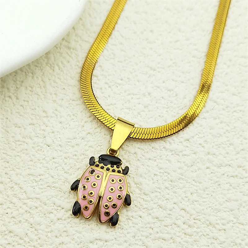 Three Lovely Ladybug Pendant Necklace For Women Men Stainless Steel Gold Color Enamel Insect Party Summer Chain Jewelry Gifts