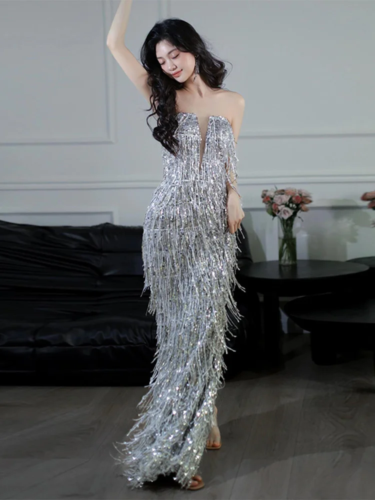 

Элегантное вечернее платье с бисером и шлейфом, фасон «русалка», без бретелек, в корейском стиле, для выступлений